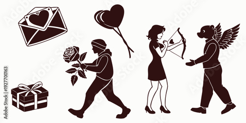 A heartwarming illustration of a man proposing to a woman with angels and gifts Vector