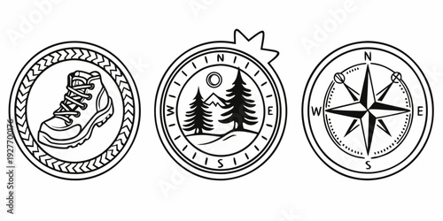 Three distinct badges featuring a snowflake, a mountain, and a compass rose. Vector