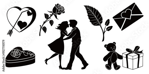 A collection of black and white icons representing various aspects of love and relationships. Vector