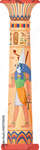 Ancient column with egyptian god painting. Cartoon pillar