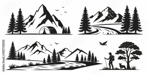 A collection of black and white illustrations depicting various mountain landscapes and outdoor activities Vector