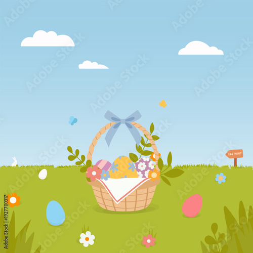 Square Easter spring background with colorful decorated eggs in basket on green grass under blue sky with rabbit and Easter egg hunt sign. Pastel seasonal illustration perfect for greeting card