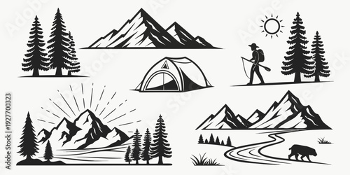 A collection of various mountain and tree illustrations in a row. Vector