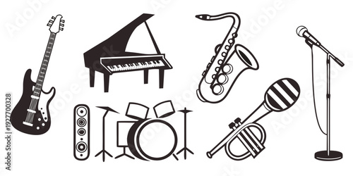 A diverse collection of musical instruments including guitars, piano, and drums. Vector