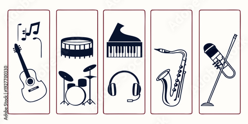 A collection of musical instruments including guitars, drums, and wind instruments. Vector