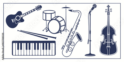 A diverse collection of musical instruments including guitars, drums, and more Vector