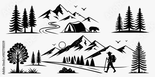 Illustration of a mountain landscape with various outdoor activities and nature elements Vector