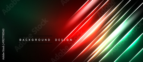 Abstract background features vibrant diagonal lines. Red, green gradients create dynamic visual effect. Dark space dominates composition.