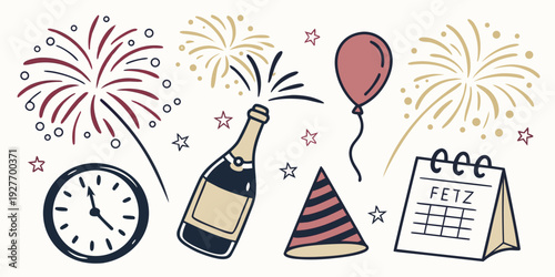 Celebration of life with champagne, fireworks, and festive decorations. Vector