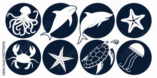 A collection of eight distinct black and white animal paw print illustrations Vector