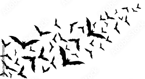 A large flock of black bats flying in a swirling pattern against a white background.