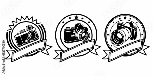Three vintage cameras with ribbons and badges on a white background Vector