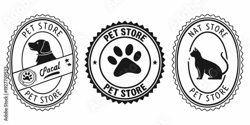 Three badges featuring a dog, paw print, and bone symbolizing pet care and animal welfare. Vector