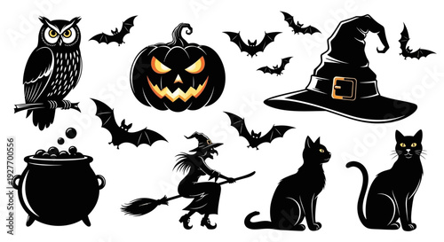 A collection of classic Halloween symbols including a witch's hat, cauldron, black cats, bats, an owl, and a jack-o'-lantern.