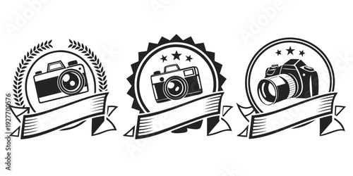 Three vintage badges showcasing different types of cameras and photography equipment. Vector