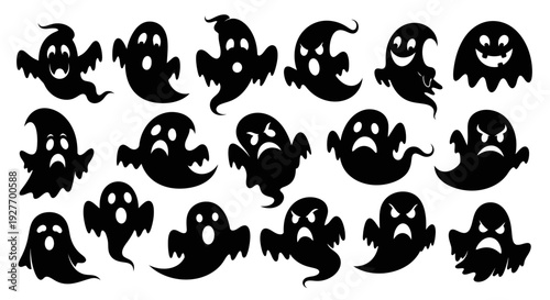 A collection of diverse cartoon ghost silhouettes with various facial expressions, suitable for Halloween themes.