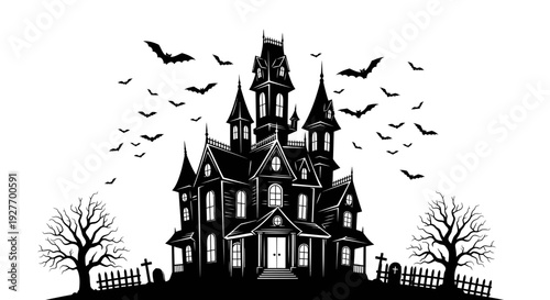 A spooky haunted mansion silhouetted against a white background, surrounded by bare trees and flying bats.