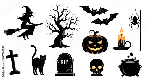 A collection of classic Halloween symbols including a witch on a broomstick, bats, a spooky tree, a jack-o'-lantern, a skull, a black cat, a tombstone, a cauldron, and a spider.