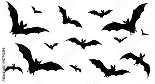 A collection of black bat silhouettes in various flying poses against a white background, creating a spooky Halloween theme.
