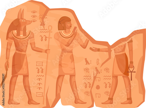 Broken wall with egyptian paintings. Ancient temple sculpture