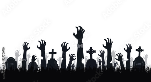 Silhouette of zombie hands rising from a graveyard on Halloween night.