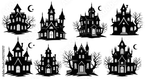Collection of eight spooky, silhouetted haunted houses with crescent moons and bare trees, perfect for Halloween themes.