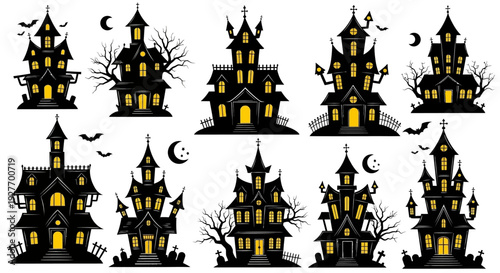 Collection of spooky haunted houses with glowing windows and eerie silhouettes against a dark sky, perfect for Halloween themes.