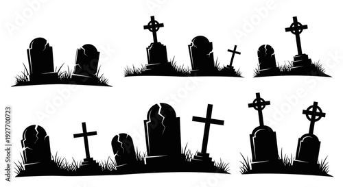 Collection of spooky graveyard tombstones and crosses silhouetted against a white background, evoking a Halloween or gothic theme.