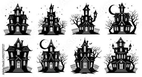 Collection of eight spooky haunted houses with eerie trees and tombstones under a crescent moon, perfect for Halloween decorations.