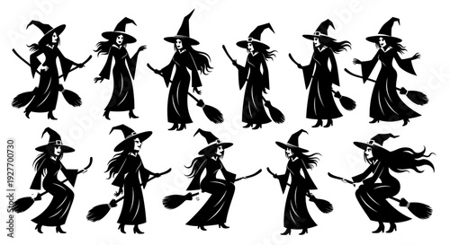 Collection of Silhouetted Witches in Various Poses Riding Brooms Against a White Background.