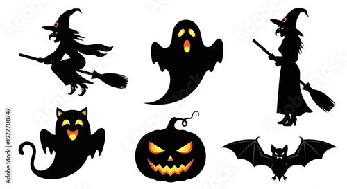 A collection of spooky Halloween silhouettes including witches, ghosts, a cat, a pumpkin, and a bat.