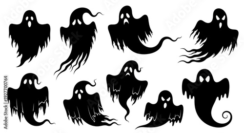 A collection of ten distinct black ghost illustrations, each with unique flowing tails and eerie facial expressions, set against a white background.