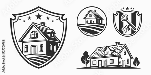 A collection of vintage and modern house symbols and emblems showcasing architectural styles Vector