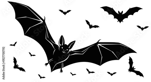 A large black silhouette of a bat is prominently featured in the foreground, with numerous smaller bat silhouettes flying around it against a white background.