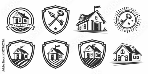 Assorted protective shields with various symbols and icons inside them Vector