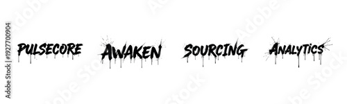 Black grunge lettering: pulsecore, awaken, sourcing, analytics word art