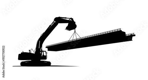Vector silhouette of a heavy excavator lifting a bridge section, representing infrastructure development, civil engineering, and complex construction logistics.