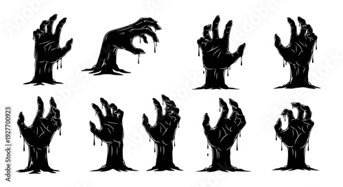 A collection of eight black silhouette illustrations of zombie hands emerging from the ground, dripping with a dark substance.