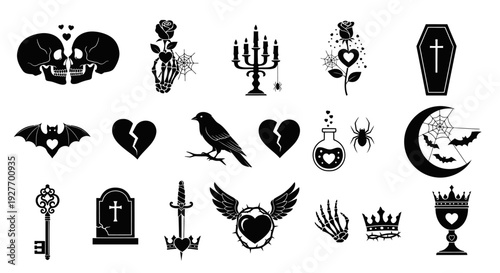 A collection of gothic and macabre-themed vector illustrations featuring skulls, hearts, bats, crows, coffins, and other dark imagery.
