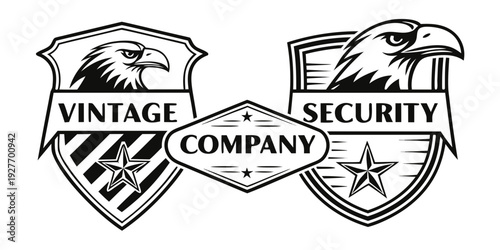 Vintage security company logo featuring two shields and a banner. Vector