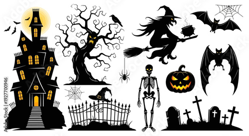 A collection of classic Halloween silhouettes including a haunted house, witch, bats, skeleton, and graveyard.