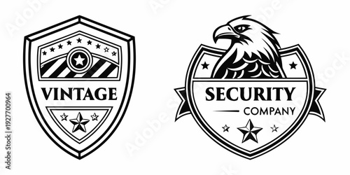 Two vintage security logos featuring a shield and a keyhole with intricate designs. Vector