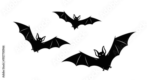 Three silhouetted bats flying in a white background, with their wings spread wide.
