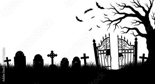 A spooky Halloween graveyard scene with tombstones, a broken gate, and bats flying under a bare tree.