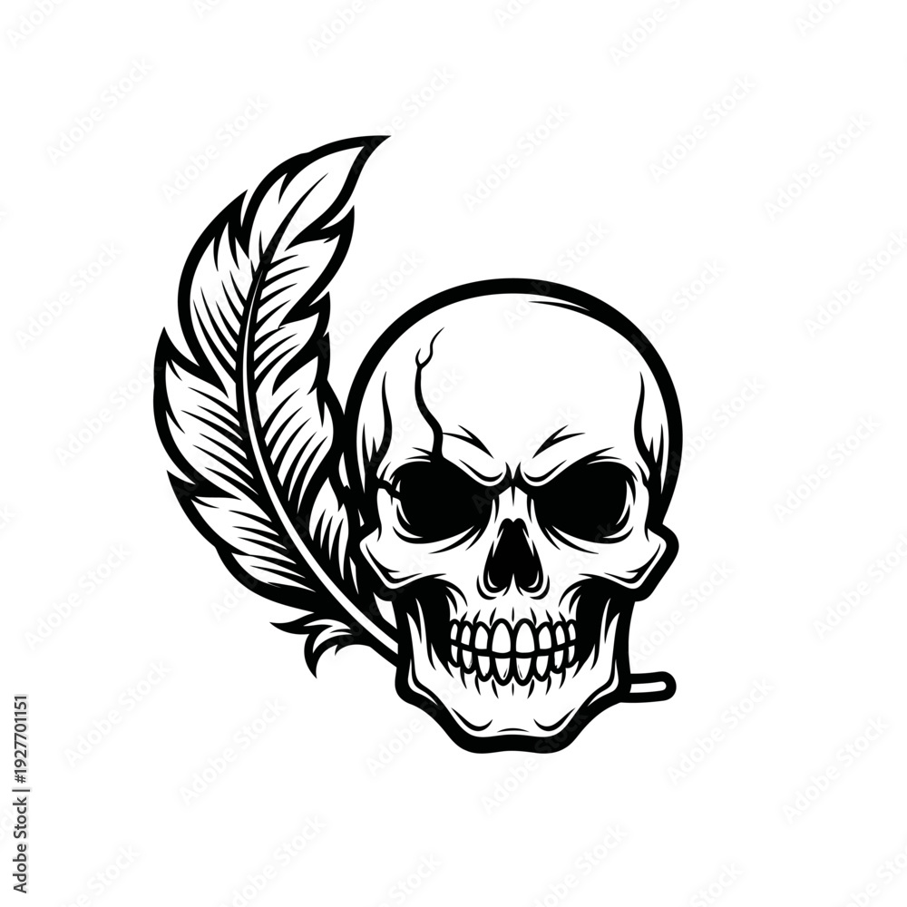 Obraz premium Scary Skull with Feather - Gothic, Dark Art, Halloween, Death Symbolism