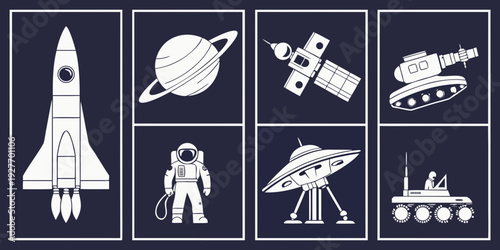 A collection of space exploration icons featuring rockets, planets, and astronauts Vector