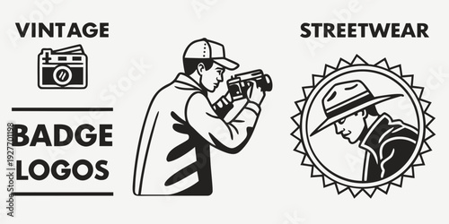 A vintage illustration showcasing a badge logo and a streetwear logo design. Vector