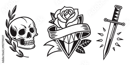 Tattoo art featuring a skull, rose, and dagger with intricate designs Vector