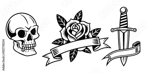 A collection of tattoo designs featuring a skull, a rose, and a dagger. Vector