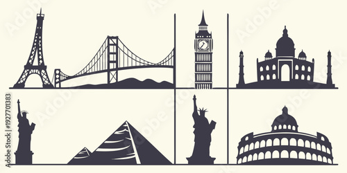 Iconic landmarks from around the world depicted in a simple, stylized manner Vector